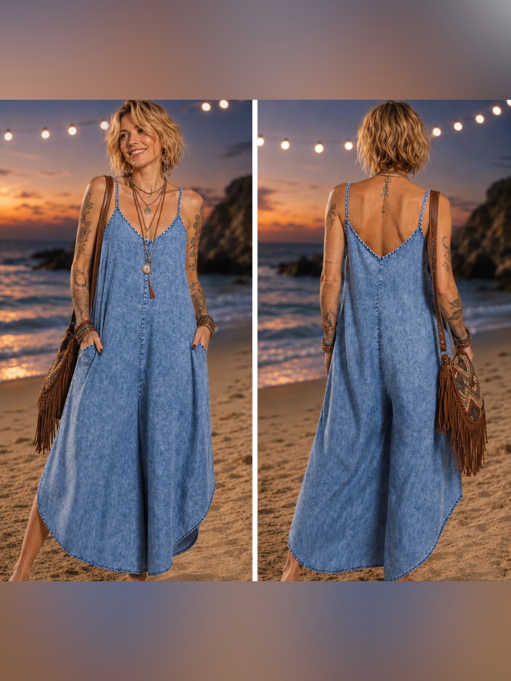 🆕 Acid-Washed Wide Leg Jumpsuit w/Pockets Boho Chambray Denim Boho Summer S M L